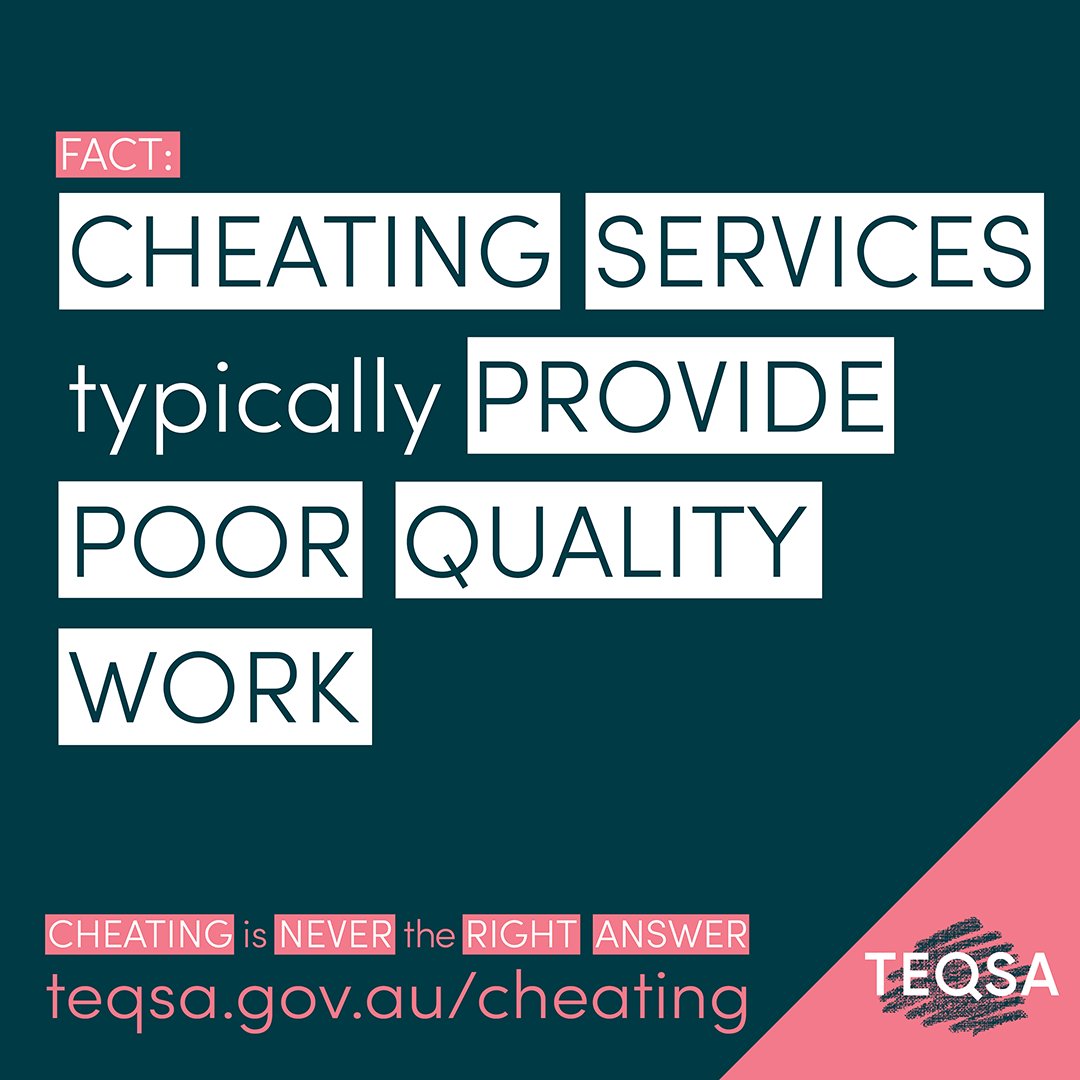 TEQSAGov's tweet photo. Research shows that essays brought from #AcademicCheating websites are usually very poor quality. In fact, if you submitted these essays, they would probably result in a fail grade.
➡️ https://t.co/33PVyMLB7t
#CheatingIsNeverTheRightAnswer #AcademicIntegrity #HigherEd #OzHe https://t.co/F8ZxkYfPjN