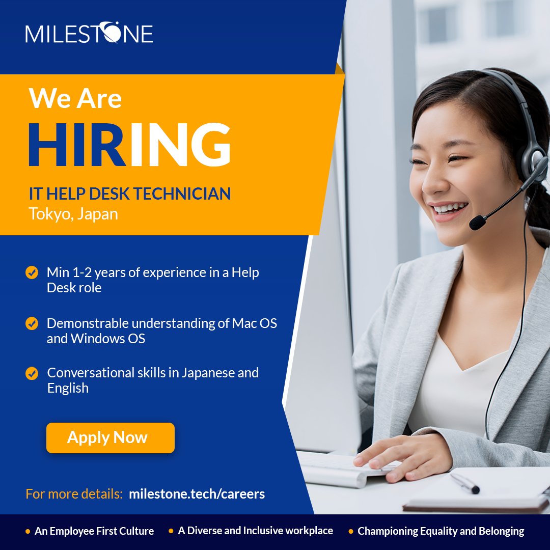 MilestoneTech's tweet image. We are hiring a Service Desk Technician for Tokyo, Japan. This is a full time role and is ideal for a self-motivated and detail oriented candidate. To apply now, click here: hubs.li/Q01gzpRr0

#tokyojobs #techsupport #Milestonetech #ITTechnician