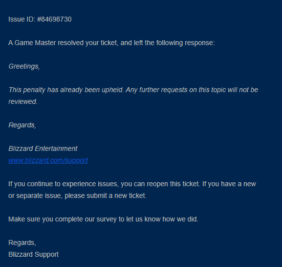 VinpinOW's tweet photo. So @Blizzard_Ent banned my Blizzard account without giving me a real reason. This was an account that has never received a single punishment before and has thousands of hours logged between Overwatch, Hearthstone, and other titles. Contacting support would not help in any way. https://t.co/FEpwYbccfd