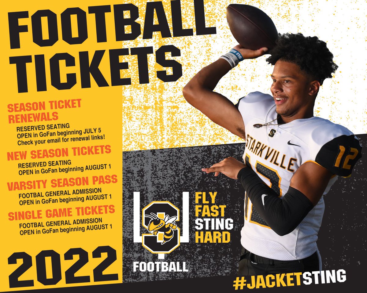 STKJackets's tweet photo. Friday Night Lights are on the way! Check out these important dates for SHS Football tickets. Reserved seating, season tix, all season passes, single game… Take your pick. Just get your tix! #JacketSting #FlyFastStingHard https://t.co/H4XFsvwd7u