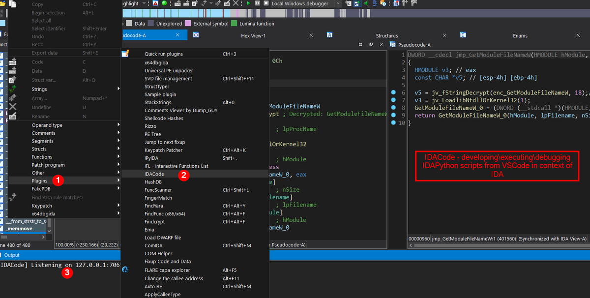 vinopaljiri's tweet image. If you ever wonder how it is possible to develop #IDAPython scripts in fast-effective way just try these 2 #IDA plugins:
IPyIDA - github.com/eset/ipyida @ESETresearch 
IDACode - github.com/ioncodes/idaco… @layle_ctf
IntelliSense, debugging etc. Just excellent hats off to devs🙏👏🤠