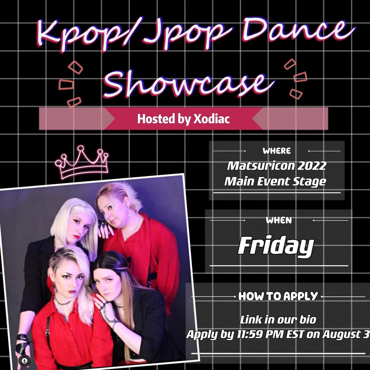OfficialXodiac's tweet photo. Xodiac is hosting the KPop/JPop Dance Showcase at Matsuricon 2022! Registration forms are live under Matsuricon’s event tab on the official website but also via our LinkTree in out social media bio! #matsuricon #kpopdance #kpopdancecompetition #jpopdance #jpopdancecompetition https://t.co/ff9qkbORVn