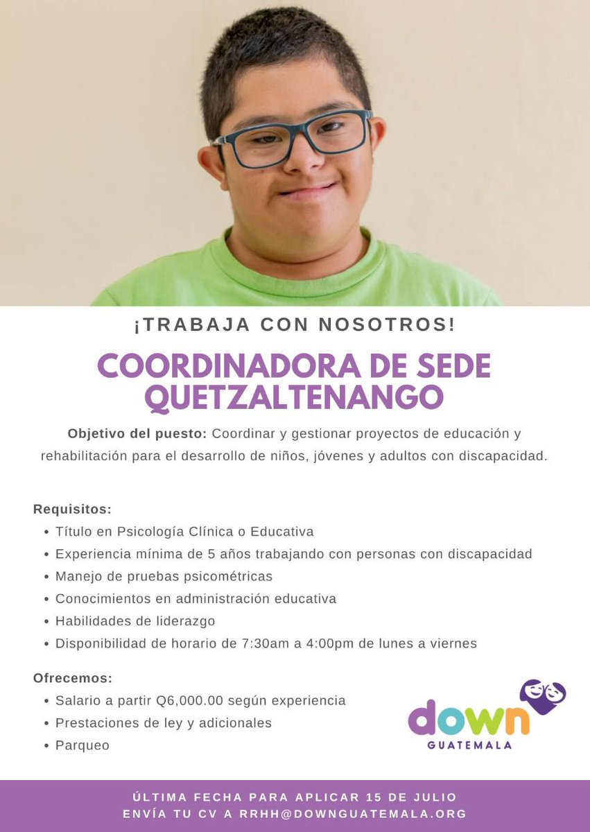 downguatemala's tweet photo. ¡Plazas disponibles! Envía tu CV al correo rrhh@downguatemala.org e indica en el asunto a qué plaza estás aplicando. Última fecha para aplicar 15 de julio.

#DownGuatemala #empleoguatemala #guatemala https://t.co/O5A1xQsOIM