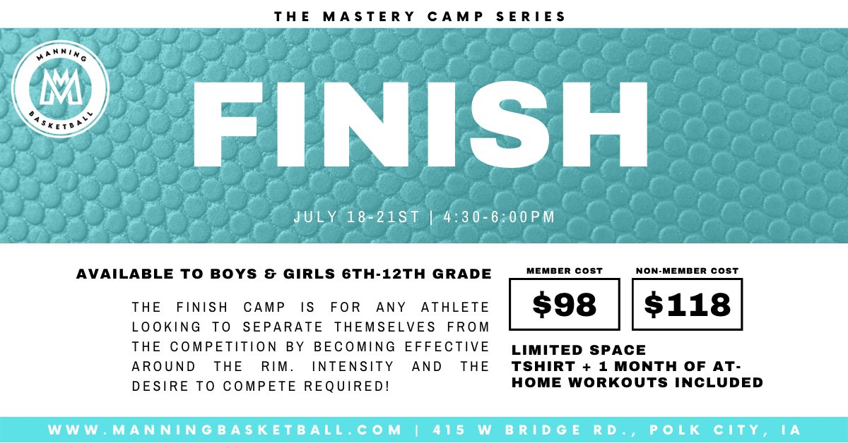 Next week we FINISH. Join us to learn various finishing moves to attack the basket and get the bucket based off of how the defense is guarding you.

Bring a teammate and you both receive member pricing!

More info/register: manningbasketball.com/services/camps/

DM with questions.