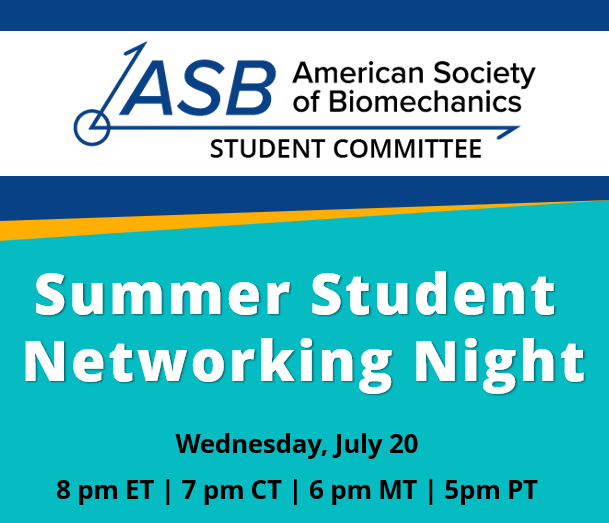 AmSocBiomech's tweet photo. #ASBstudents mark you calendars for Summer Student Networking Night on Wed, July 20 @ 8 pm ET/7ct/6mt/5pt!

Meet other #biomechanics students, get questions answered, share wisdom, and put names with faces ahead of upcoming conferences!

Get link here: https://t.co/uhUGnn2Xg3 https://t.co/PeJb6wGrWB