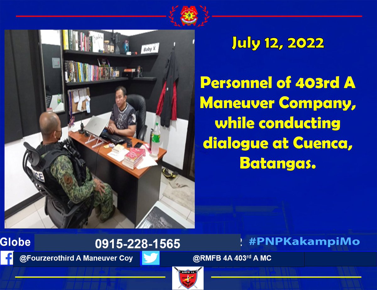 Secondcoy's tweet photo. On June 12, 2022 at about 8:00 AM, PSSg Rommel Olit, Team Member, personnel of 403rd A Maneuver Company RMFB4A, under direct supervision of PCPT ARTURO P PATULOT Acting Company Commander, conducted dialogue with, Vernie Garcia Advisory Council of 403rd, regarding COVID 19 https://t.co/5MfbMVGO2G