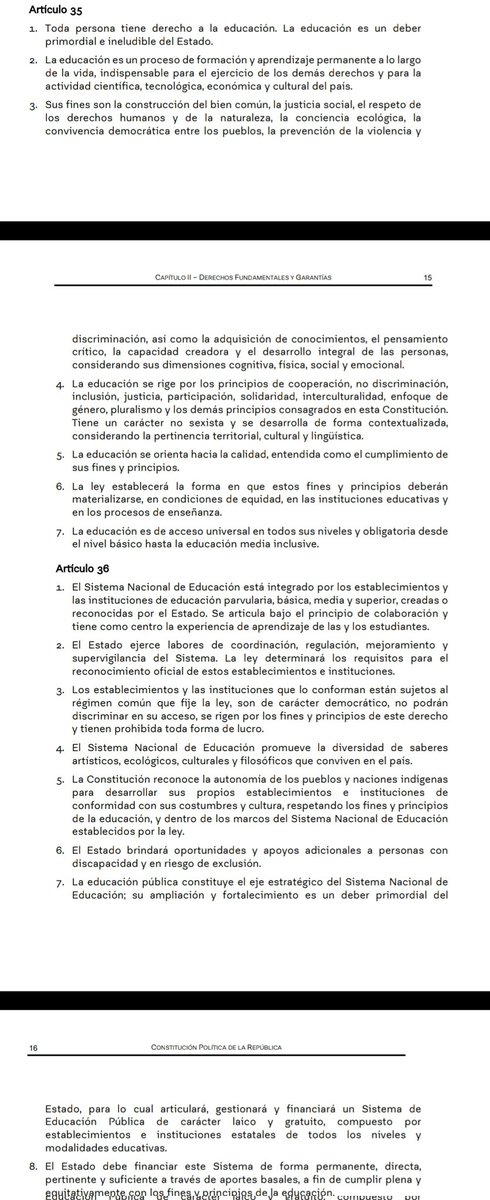 CEspinozaQ's tweet photo. Del artículo 35 al 43 se habla de Educación en la propuesta de Nueva Constitución: No pillo en ninguna parte el fin de los colegios subvencionados y particulares. Tampoco pillé que los padres perdemos el derecho a elegir donde estudian. Solo le paran la mano a quienes lucran. Lea https://t.co/dMXsdH3K5A