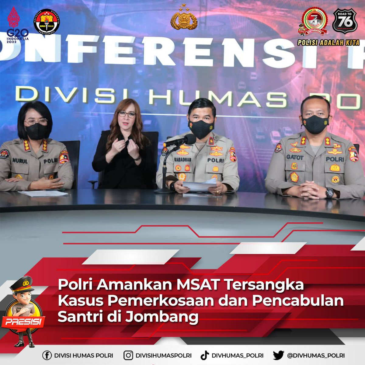 Polri Amankan MSAT Tersangka Kasus Pemerkosaan dan Pencabulan Santri di Jombang 

#BersamaJagaSitkamtibmas
Wujudkan Cipta Kondusif