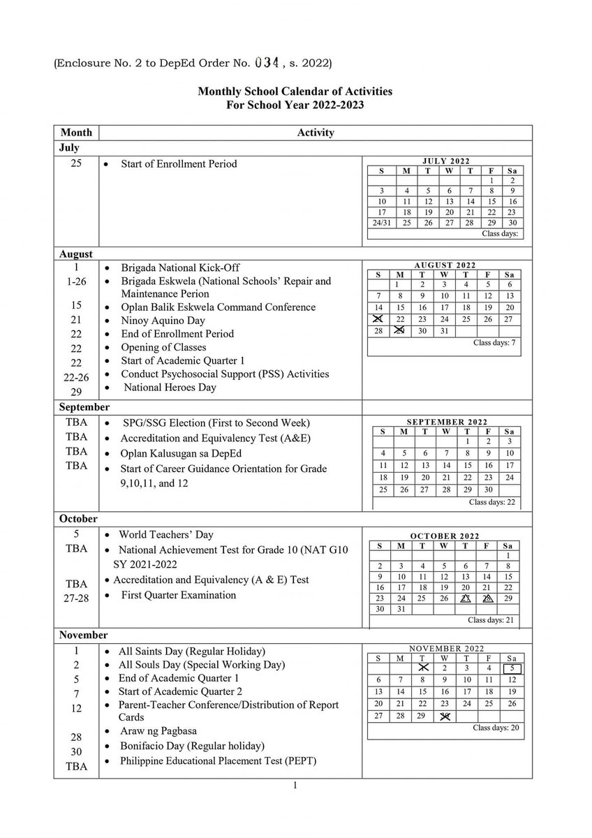 ABSCBNNews's tweet photo. LOOK: DepEd releases calendar for SY 2022-2023. 

Enrollment period will start on July 25. Classes will begin on August 22 and end on July 7, 2023. | via @jaehwabernardo https://t.co/8EUrDJHZGP