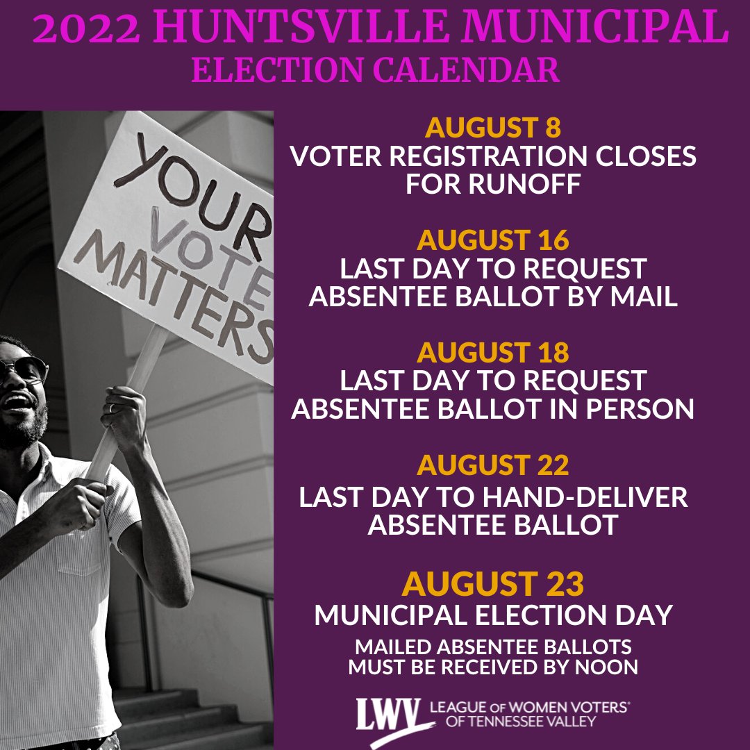 🚨 Attention all Huntsville Voters! 🚨

There's a Municipal Election next month! City council and school board members are on the ballot on August 23rd.

Local elections have major impacts on policies that affect our everyday lives.

Start at LWVTNV.org

#Vote #GOTV