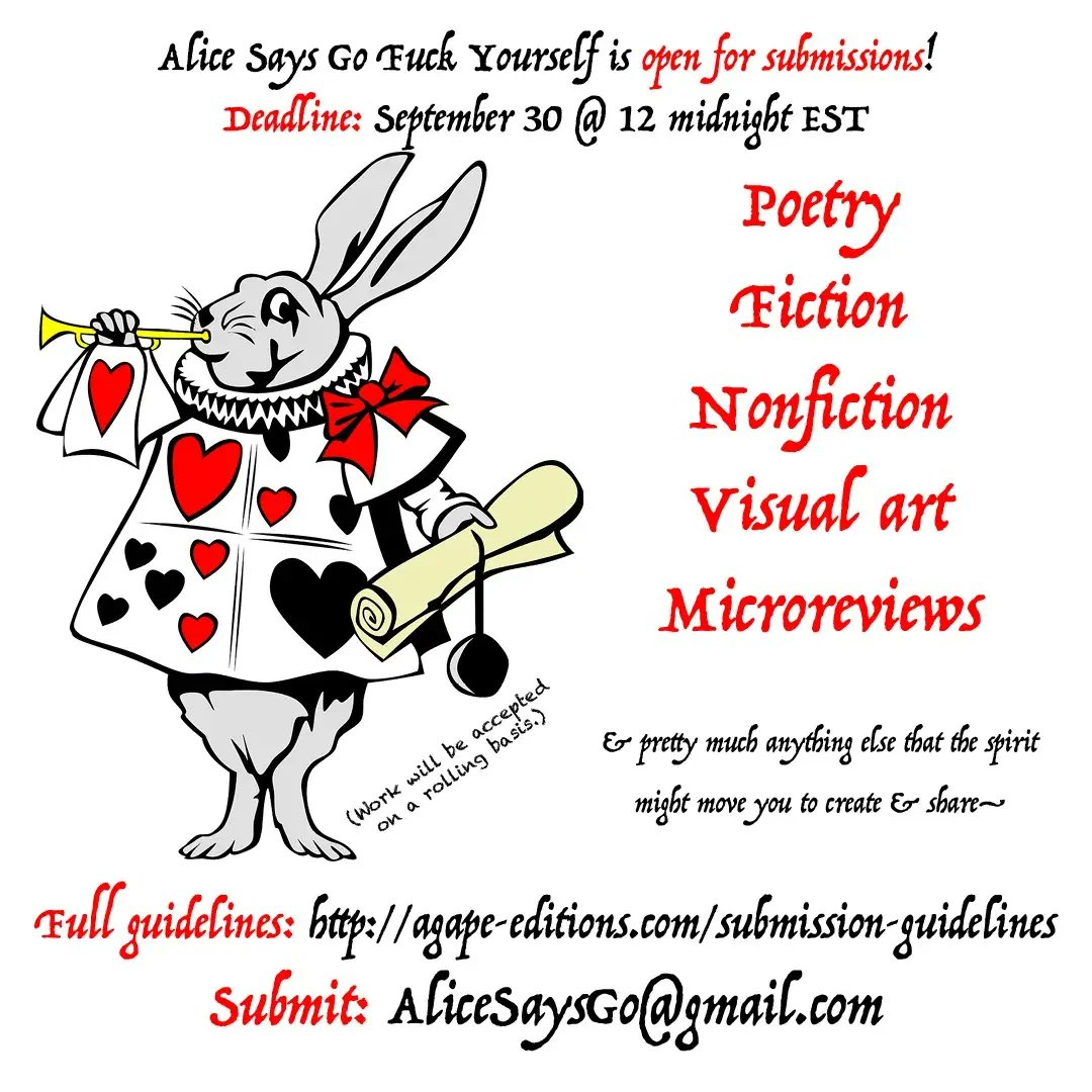 AliceSaysGoFU's tweet photo. Submissions are OPEN!
Guidelines here: https://t.co/7ssdUUXH0a
#writingmarket #writing #poetry #prose #writinglife #visualart #art #callforentry #essays #Nonfiction https://t.co/MYqP6veOGv