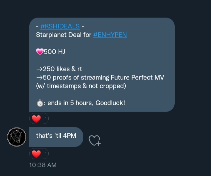 hanciehae's tweet photo. - #KSHIDEALS -
Starplanet Deal for #ENHYPEN 

💗500 HJ

→250 likes &amp; rt
→50 proofs of streaming Future Perfect MV (w/ timestamps &amp; not cropped)

⏱️: ends in 5 hours, Goodluck!

ends in 4:00 pm kst https://t.co/rxKI2zwXNB