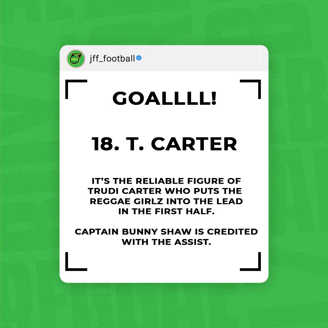 jff_football's tweet photo. Trudi Carter put the Reggae Girlz into the lead ππΏ
.
#ReggaeGirlz #CWC #JAMHTI #BobMarleyFoundation #ReggaeGirlzFoundation #JFF_Football https://t.co/6UPoe7YZgf
