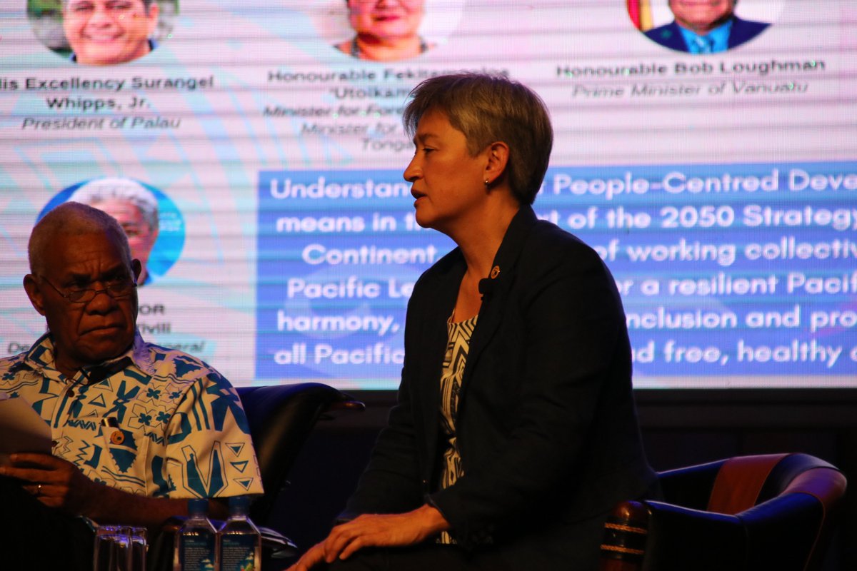 spc_live's tweet photo. "The Australian govt wants to work with the people instead of doing development to, esp when it comes to addressing climate change," Penny Wong, Foreign Minister Australia during the #peoplecenteredapproach talanoa session as part of 51st Forum leaders meeting #PacificPeoples https://t.co/wk0f4AJ0iS