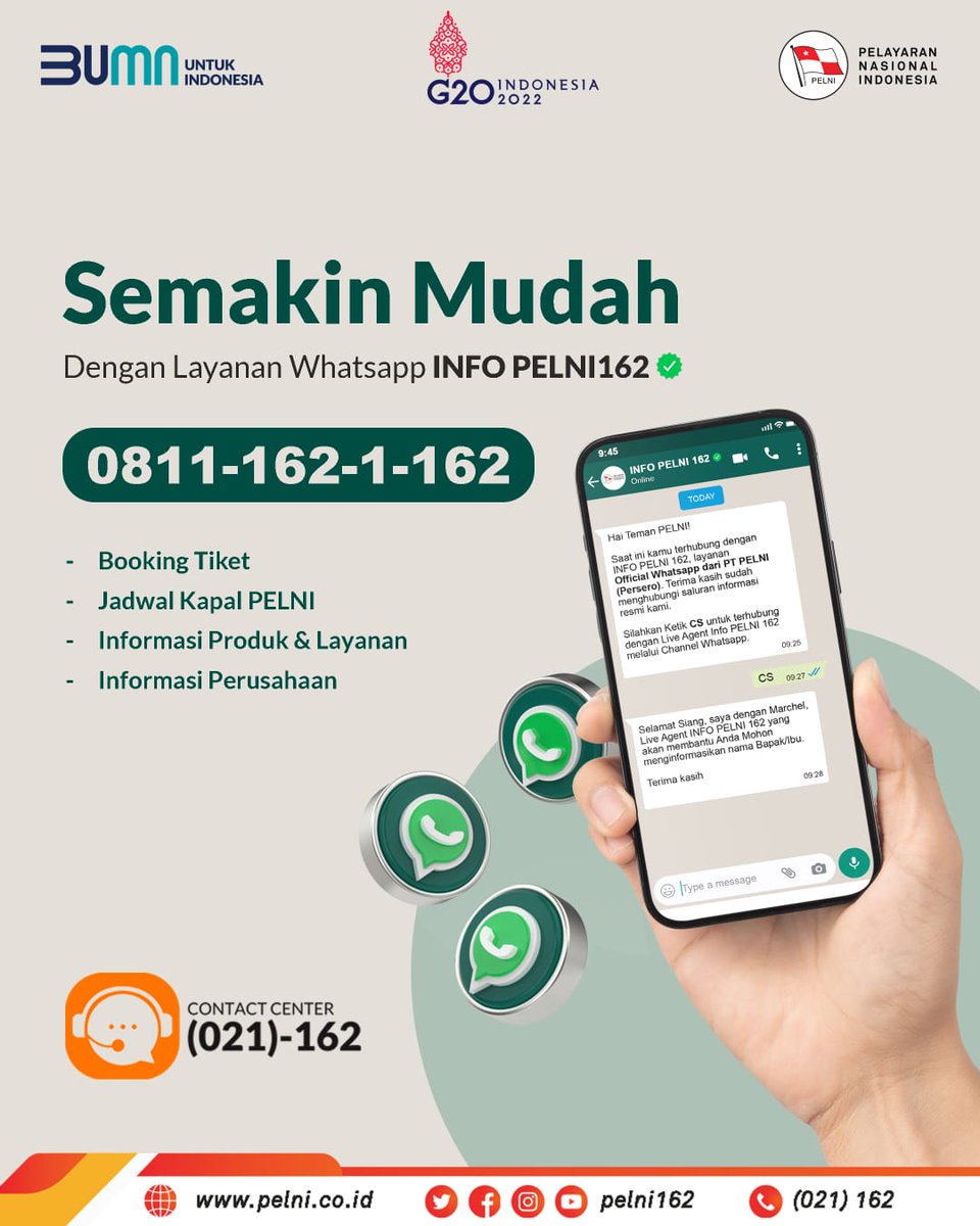 Pusp1t46's tweet photo. Semakin Mudah
Dengan layanan Whatsapp info Pelni162
0811-162-1-162
- Booking Tiket
- Jadwal Kapal Pelni
-Informasi Produk &amp; Layanan
-Informasi Perusahaan  
#MilenialPelni https://t.co/P8idpKoAvW