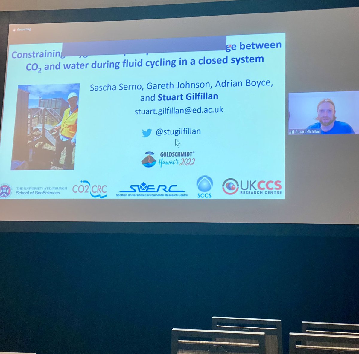 BeccaMChambers's tweet photo. Great talk from @stugilfillan on oxygen isotope equilibrium exchange between CO2 and water during fluid cycling at #goldschmidt22! And well done for surviving the 03:30 UK-time talk slot 😅 https://t.co/KTHKiEMmpT