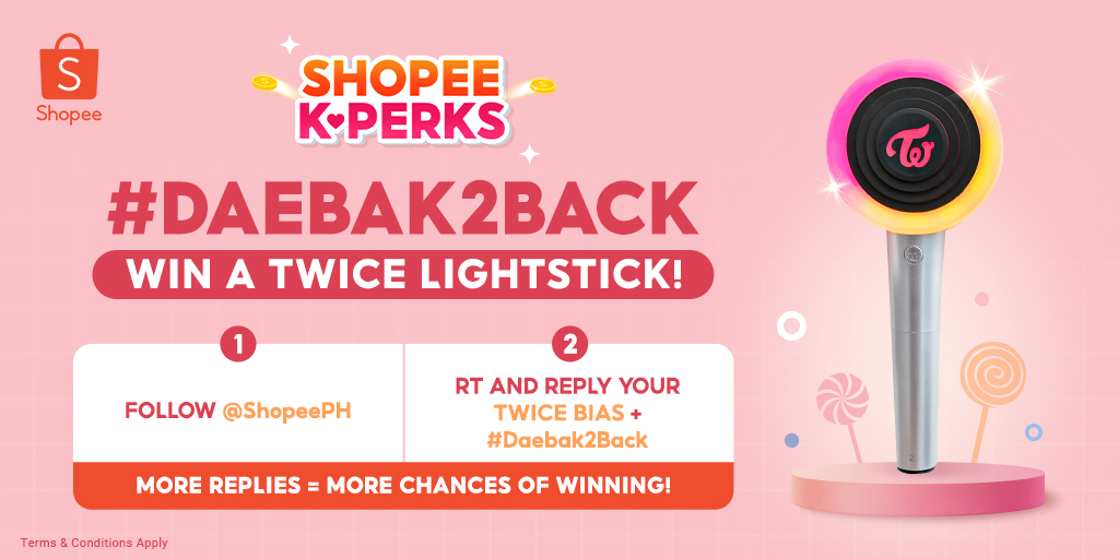 ShopeePH's tweet photo. TWICE CANDY BONG GIVEAWAY 🍭

Ikaw na ba ang makakauwi ng TWICE LIGHTSTICK?
1. Follow @ShopeePH
2. RT &amp; Reply your fave TWICE Song + #Daebak2Back

More comments, higher chances of winning!

T&amp;Cs Apply: https://t.co/sU4V9IQqu2 https://t.co/KouDe1AKZ5