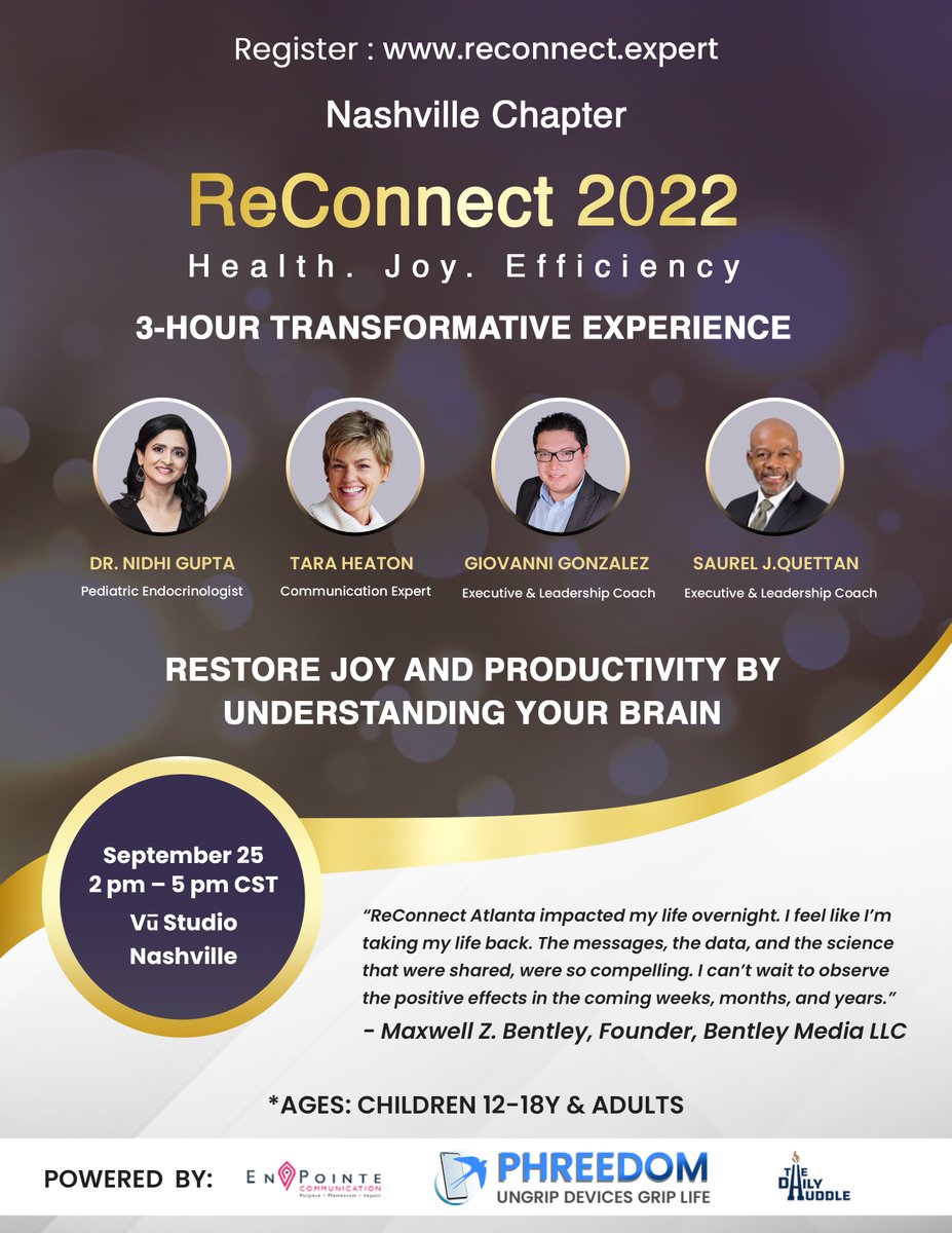 ReConnect Atlanta empowered us to launch ReConnect Nashville!! A Rare Opportunity to Restore Your Joy & Productivity by Understanding Your Brain! At the enchanting Vu Studio Nashville! Sunday, September 25, 2-5 pm CST Register NOW ($55): reconnect.expert @EndoMedia