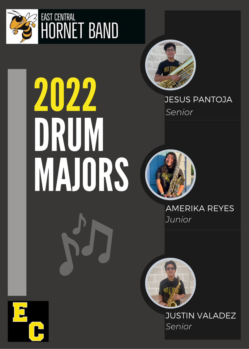 ECHSHornetBand's tweet photo. We are excited to announce our Drum Major team for the 2022 Hornet Band! 

Introducing... Jesus, Amerika, and Justin! 

Please help us congratulate and share our excitement for them! @ECHShornets @ECISDtweets @MrRonGarza @ECBandBoosters 🐝🎵 https://t.co/FUe7yAdrQK