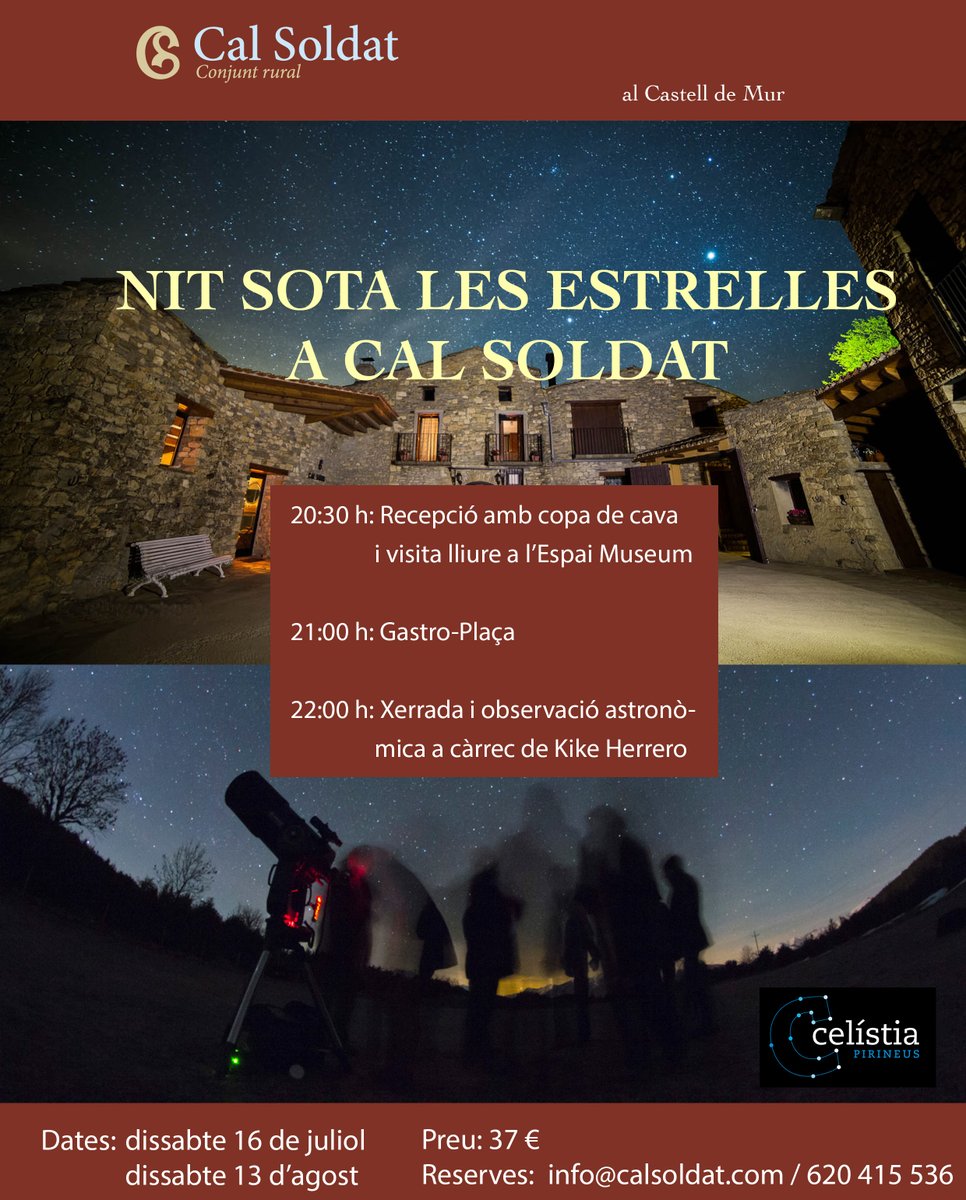Aquest dissabte ens apropem amb el telescopi a l’univers llunyà des de Cal Soldat, en un entorn increible al costat del castell de Mur i sota el millor cel #starlight de Catalunya. Inclou visita al l’espai-museum de Cal Soldat i sopar a la fresca. Pinta bé! Reserves: 620415536