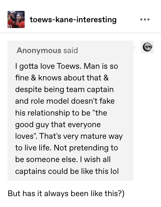 I doubt that Toews was always a free bird, but he really belongs to himself now toews-kane-interesting.tumblr.com/post/689459424…