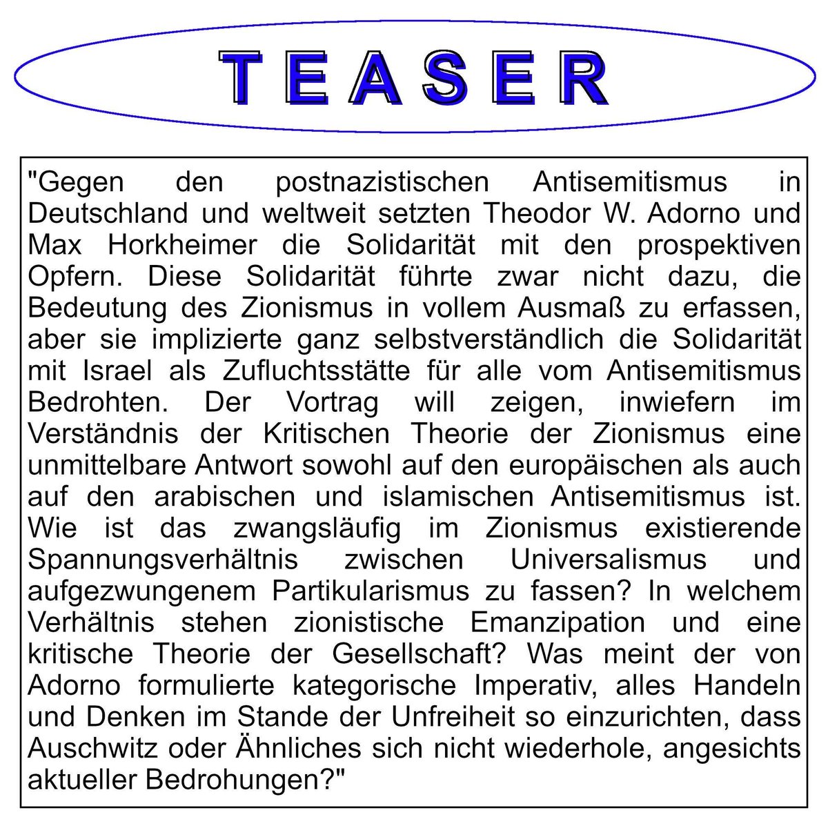 Infoticker_PA's tweet photo. Veranstaltungstipp für Donnerstag, 14.7.: Stephan #Grigat referiert zum Verhältnis der Kritischen Theorie zum Zionismus -> dem jüdischen Nationalismus welcher in Form des Staates Israel als Schutzraum für Juden &amp; Jüdinnen Wirklichkeit wurde.
Uni Passau | 20 Uhr | HS 4 &amp; digital https://t.co/H9aykT6lcW