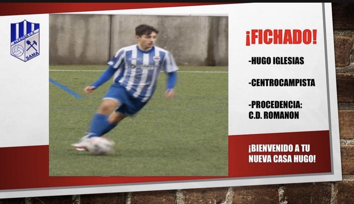 ¡FICHAJE! 🔴🔵

🥊Centrocampista: Hugo Iglesias.

Hugo, procedente del C.D. Romanón, ya vistió nuestra camiseta anteriormente. Destaca por su polivalencia, velocidad y buen trato de balón.

¡BIENVENIDO A TU NUEVA CASA HUGO!

#SomosAlcázar
#Desde1954