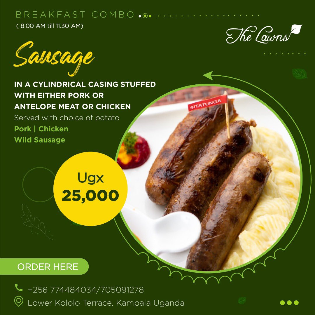 Delicious sausages for breakfast, you know it’s going to be a good day! Make a quick stop at the Lawns and enjoy buffalo sausages for breakfast. 

We're located at Lower Terrace Kololo | call 0774-484035 / 705-091278 for reservations.
 
#breakfastidea #morningfood #breakfastime