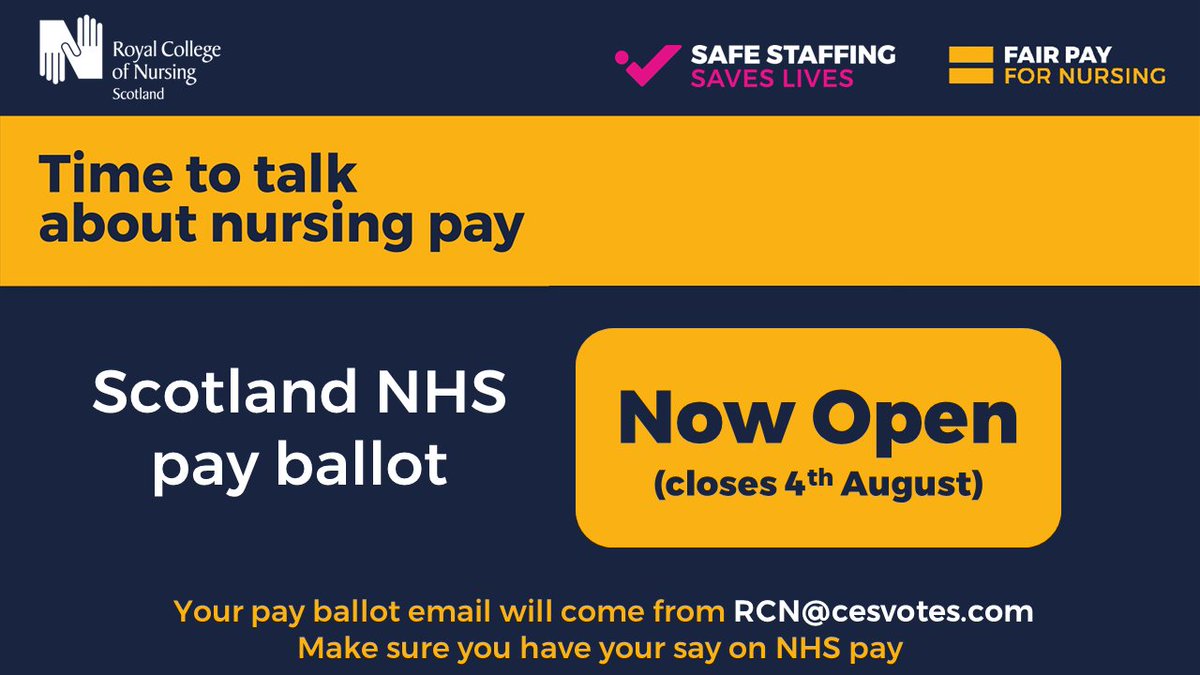 Our pay ballot on Scot gov NHS pay offer & industrial action in Scotland is now open. RCN Scotland is recommending eligible members reject the offer. Look out for an email from RCN@cesvotes.com to have your say. #FairPayForNursing bit.ly/3O2omVQ