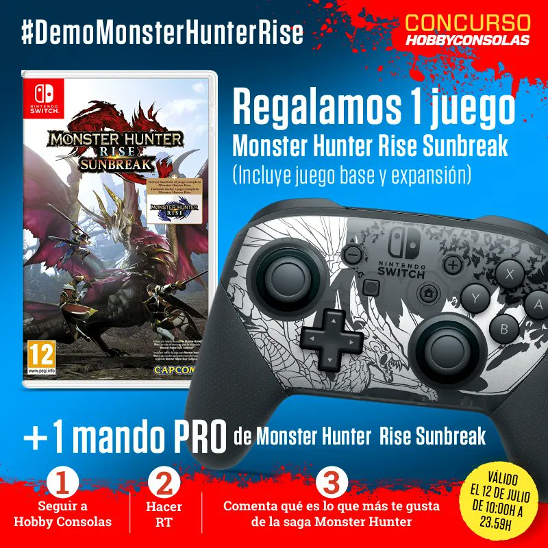 hobby_consolas's tweet photo. 📢 ¡SORTEO!
🎁 1 copia del juego Monster Hunter Rise Sunbreak y 1 mando PRO asociado

1️⃣ Síguenos
2️⃣ RT
3️⃣ Cuéntanos qué es lo que más te gusta de Monster Hunter usando el hashtag #DemoMonsterHunterRise

¡Termina HOY 12 de julio a las 23:59! BBLL: https://t.co/W0zGaqg2BB https://t.co/SuHaTcBQw1