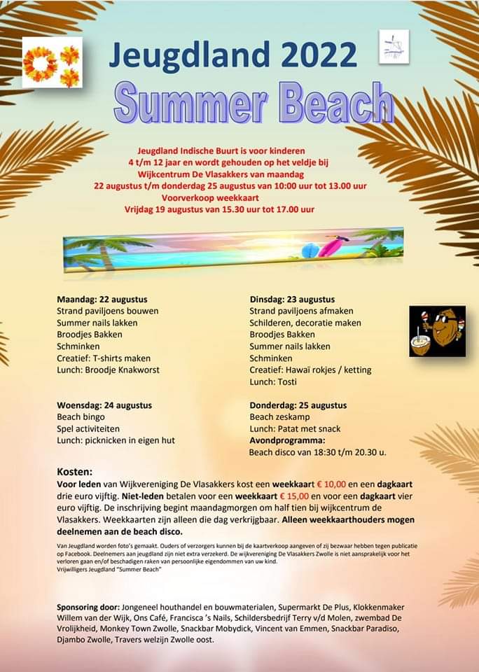 Benieuwd wat #kinderen de laatste week van de #zomervakantie bij de #Vlasakkers gaan doen? #Summer #Beach #Jeugdland #Zwolle #Strandpaviljoen #Huttendorp #Zomeractiviteit #Sport #Spel #Bingo #Knutselen #Zeskamp #Disco #IndischeBuurt #Diezerpoort #Vrijwilligers #Buitenactiviteiten