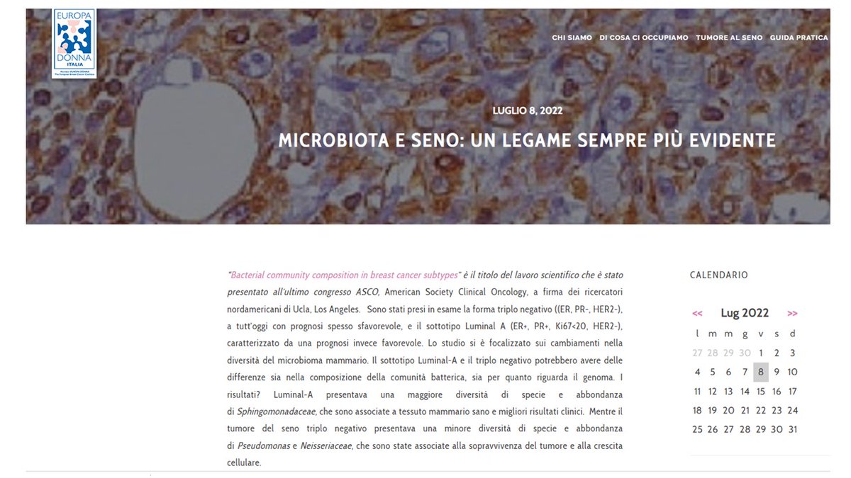 La composizione delle popolazioni batteriche che colonizzano il tessuto mammario differisce in maniera statisticamente significativa tra tumori ormonosensibili a prognosi più favorevole (luminal A) e tumori tripli negativi. #microbiota #oncobiotica
europadonna.it/2022/07/08/mic…
