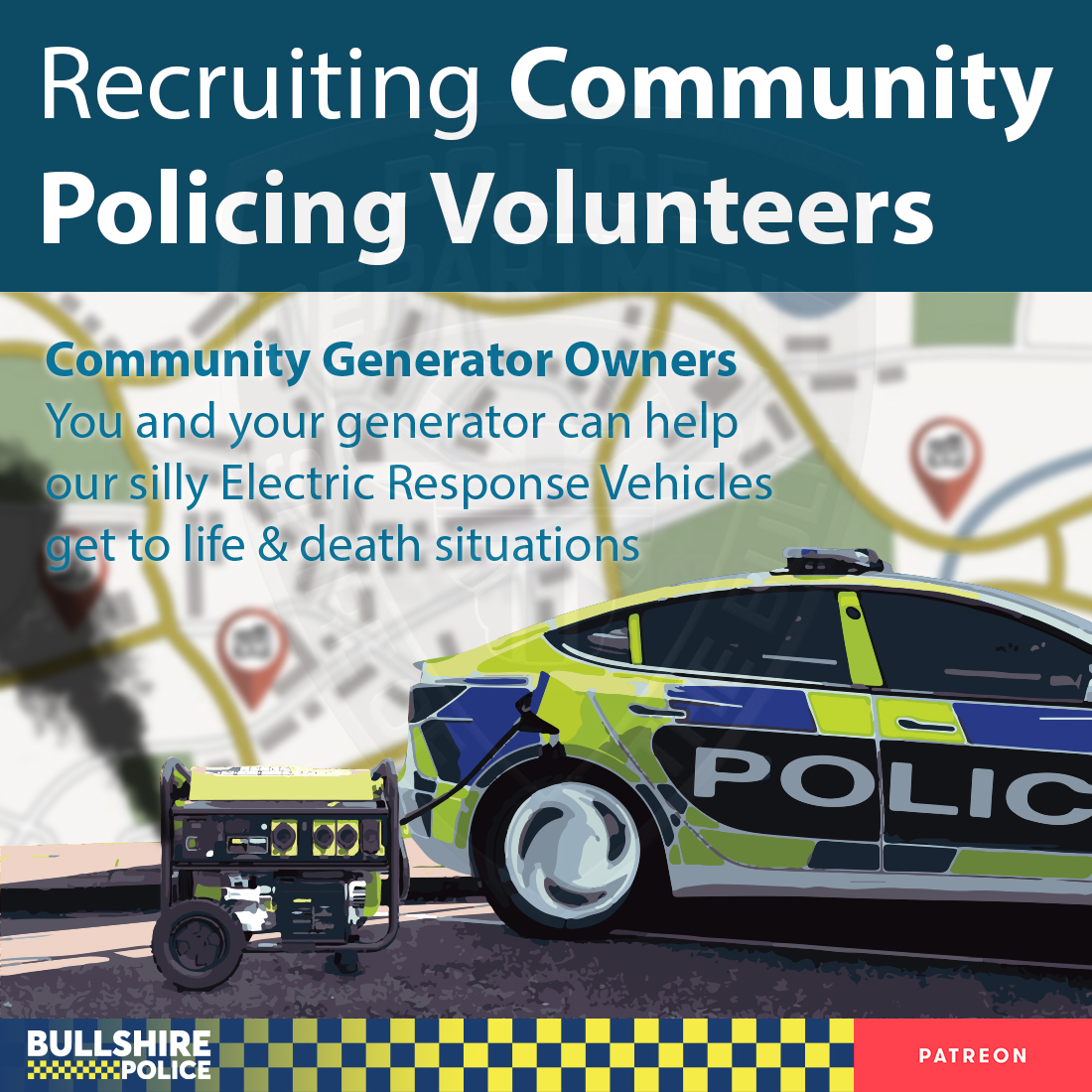 BullshirePolice's tweet photo. Have you got what it takes to be a #CommunityPolicingVolunteer?
We are looking for generator owners in the community to help our #ElectricResponseVehicles get to life and death incidents. https://t.co/CKTL8WqAwY