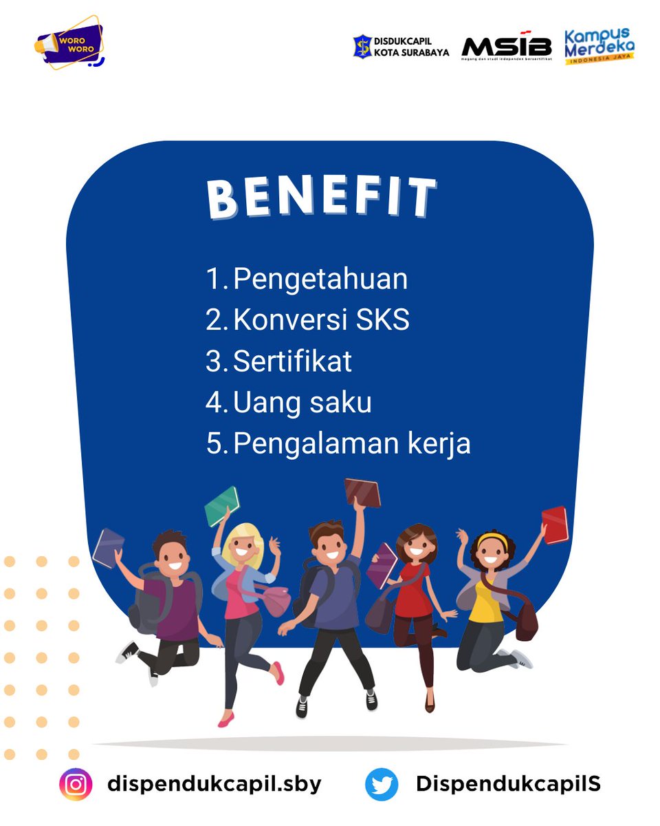 Halo Mahasiswa/i , Dispendukcapil Surabaya telah menjadi mitra resmi dari Kementerian Pendidikan, Kebudayaan, Riset, dan Teknologi dalam menyelenggarakan program kampus merdeka yaitu Magang Bersertifikat.

Segera ikuti program kami, kuota terbatas, segera daftarkan diri Anda.