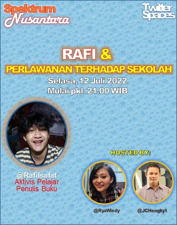 Jchengky1's tweet photo. Sobat Kasih,

Saat anak usia sekolah memilih jalan aman dalam pendidikan, ia justru mengajak kita untuk mulai mempertanyakan hierarki dan ketimpangan kuasa yang terjadi di sekolah. 

Siapakah dia?
Simak obrolannya yuuukk di spaces Spektrum Nusantara malam ini pkl. 21.00 https://t.co/D9q17FOvrn