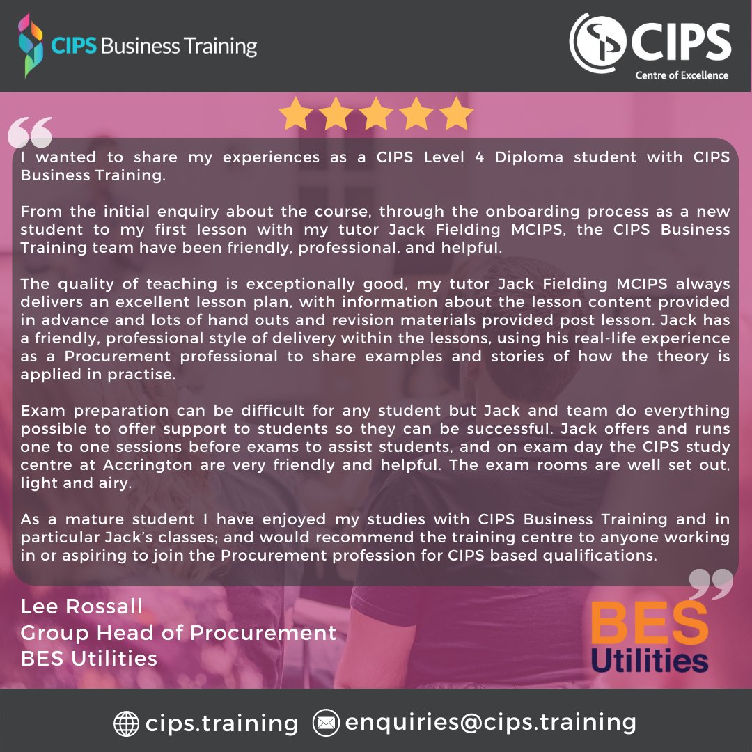 cipstraining's tweet photo. Thank you Lee for your great feedback 🙏
#TestimonialTuesday #CIPS https://t.co/xNHuxKw5Be