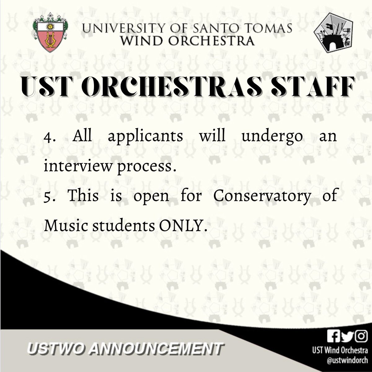 𝐀𝐍𝐍𝐎𝐔𝐍𝐂𝐄𝐌𝐄𝐍𝐓

Application for UST Orchestras Staff

For further inquiries message on the official facebook pages of the WO and SO.
To apply, simply read the guidelines and fill out the Google form through this link: forms.gle/9RdeyRbgFUA34v…