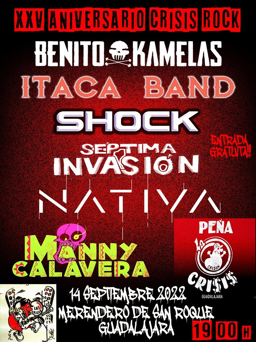 LaCrisisGuada's tweet photo. XXV aniversario del crisis rock.
Merendero de San Roque,
Desde las 19;00h.
Gracias a:
Séptima Invasión, @MCalaveraBand , SHOCK, @ItacaBand, @Benitokamelasof , @nativa_oficial, @SalaOxido, @AytoGuadalajara. 
Y por supuesto a nuestros socios de la Peña LA CRISIS. https://t.co/Q3Y0u42Oxv