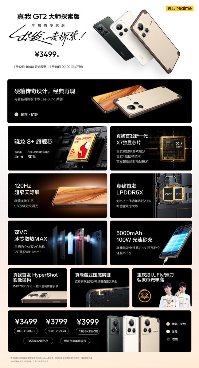 #RealmeGT2MasterExplorerEdition launched in China 6.7' FHD+ 120Hz sAmoled display Snapdragon 8+ Gen 1 LPDDR5x (world 1st) UFS 3.1 Pixelworks X7 graphic chip 50MP+50MP+2MP 16MP selfie #Android12 5000mAh + 100W 199 gram VC cooling X-Axis motor Price: 8/128GB @ 3499 Yuan