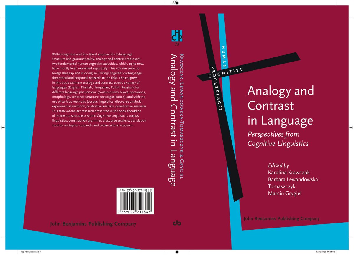 BltBarbara's tweet photo. New Benjamins volume 'Analogy and Contrast in Language - Perspectives from Cognitive Linguistics' -eds Karolina Krawczak, Barbara Lewandowska-Tomaszczyk, Marcin Grygiel https://t.co/94WnUtrlmX