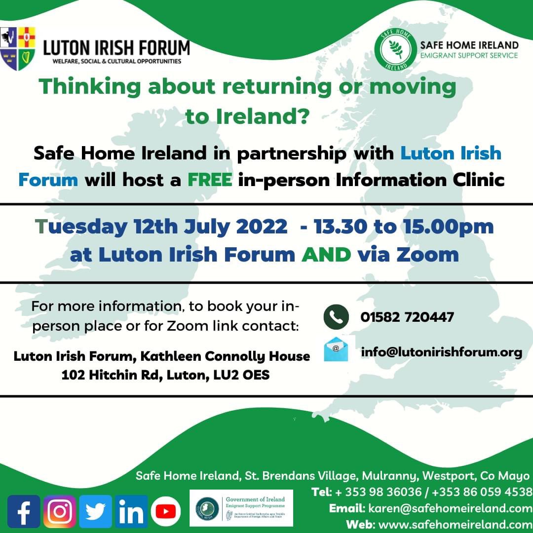 We are super excited to be en-route to our first (in over 2 yrs) ‘in-person’ (& zoom) #ReturningtoIreland info clinic with our friends at @IrishinLuton today - still time for last minute registrations! See below for more info/contact details 👇 

#safehomeconnects