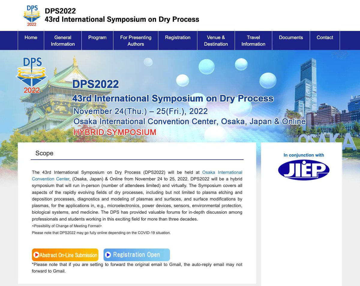 JissoNews's tweet image. 11月24日-25日に、応用物理学会が『第43回ドライプロセスシンポジウム (43rd International Symposium on Dry Process) DPS2022』を開催。大阪市北区・大阪府立国際会議場グランキューブ大阪とオンラインのハイブリッド開催。詳細は bit.ly/3bYqwIR に。
 #Symposium #DryProcess #DPS2022