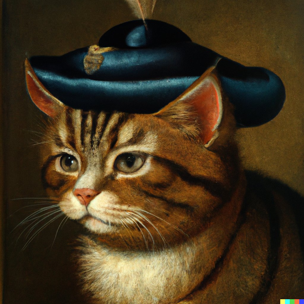 SamChristian27's tweet photo. DALL-E creation

prompt: "Dutch golden age portrait painting of a cat wearing a hat" https://t.co/tavHm0DTcF