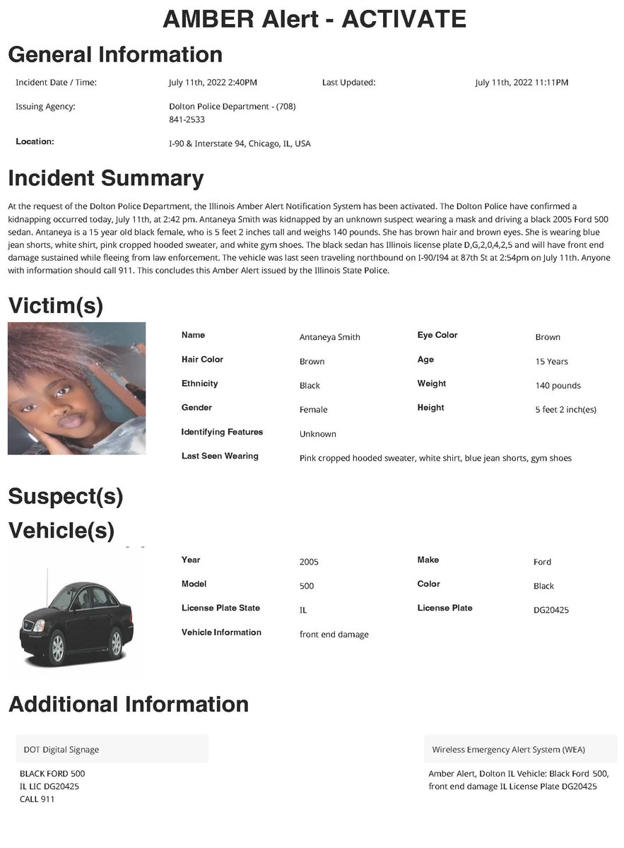 ISPAlerting's tweet image. An AMBER Alert has been issued on behalf of the Dolton Illinois Police Department.  If you see the vehicle listed please contact 911
