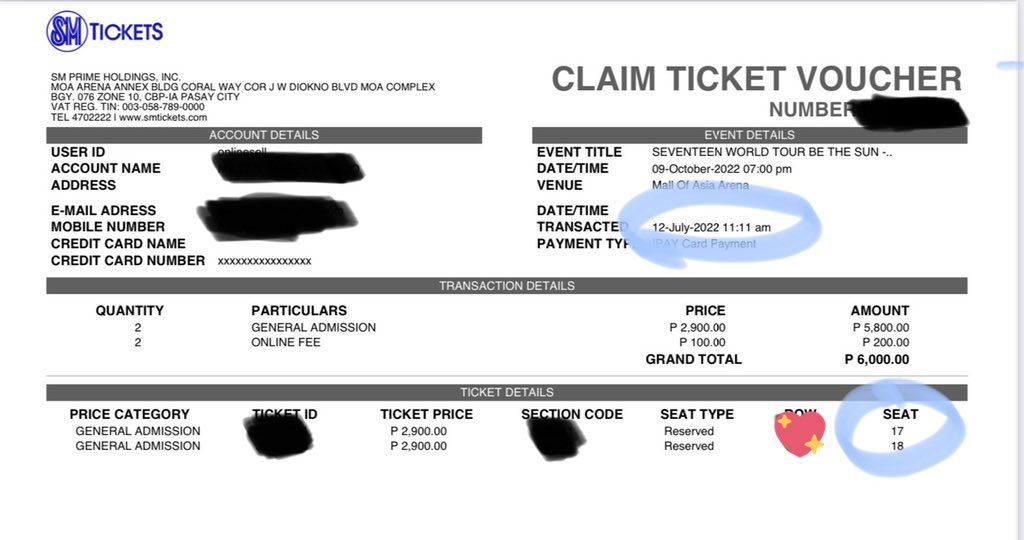 lovemilsy's tweet photo. Got our tickets at exactly 11:11 am 🥹 and our seat? Say the name 17 talagaaaaa #SEVENTEEN  #seventeenworldtour @pledis_17 https://t.co/Qh4kZl8exr