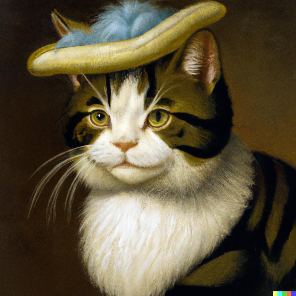 SamChristian27's tweet photo. DALL-E creation

prompt: "Dutch golden age portrait painting of a cat wearing a hat" https://t.co/tavHm0DTcF