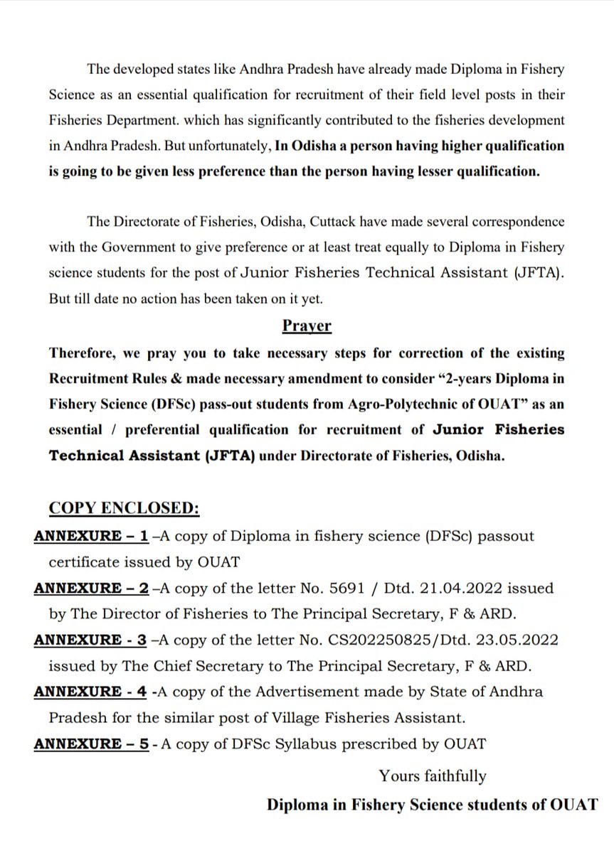 Bhaktisudha2's tweet photo. Respected Sir,it is very essential to employ #diplomafisheries students from #ouatagropolytechnic in the recruitment of #JFTA.They will surely boost the fisheries production and economic activities well.kindly intervene for amending JFTA recruitment rules.
@rajaaswain 
@farddept https://t.co/i9ovkJ8PJQ