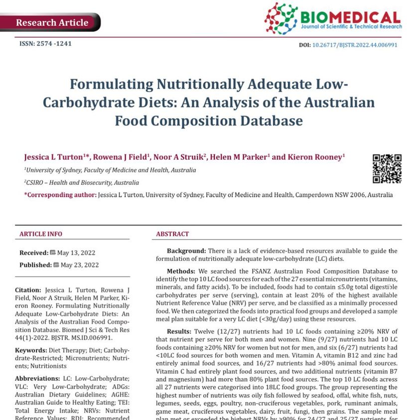 rowena_field's tweet photo. Finally!! Our latest study is published. It is designed be a resource to develop low carb dietary plans that are nutrient sufficient.  
@kieron_rooney @TurtonJessica
https://t.co/CGUno2lmgJ https://t.co/V4XRDivMNt