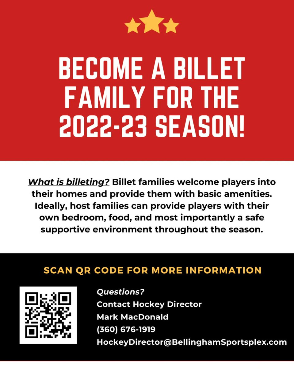 If you have questions or you are interested in becoming a housing family, please contact Mark MacDonald
Head Coach
Bellingham Blazers 360-676-1919 or email: HockeyDirector@bellinghamsportsplex.com