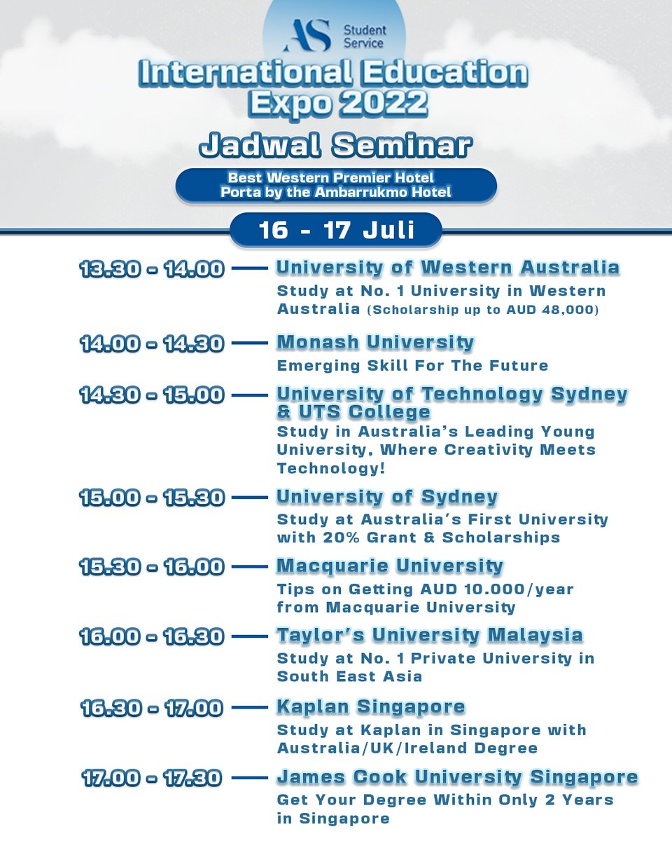 Info_AS_Student's tweet photo. Solo Jogja! Jangan lewatkan event expo universitas luar negeri di tanggal 16-17 Juli ini! Buruan daftar untuk ikuti seminar gratisnya yaa https://t.co/uL4eGNCl99 #kuliahluarnegeri #studyabroad https://t.co/UJApfw0BC8